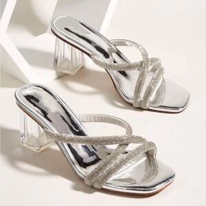 Women Rhinestone Decor Chunky Heeled Sandals
